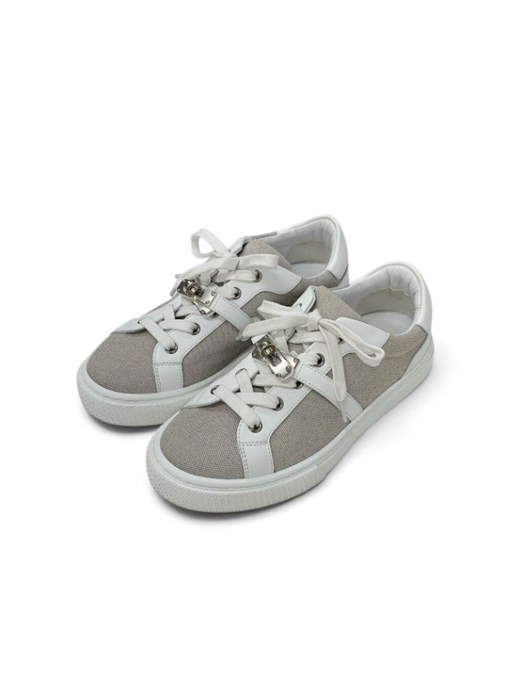 Hermes Day Sneakers Fabric Leather Gray White Silver Kelly